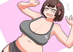 Rule 34 | 1girl, absurdres, assha (schector), black-framed eyewear, blush, body freckles, breasts, brown hair, cleavage, dutch angle, freckles, glasses, hair ornament, hairclip, half-closed eyes, highres, jimiko, large breasts, navel, open hands, open mouth, original, pink background, plump, short shorts, shorts, simple background, solo, sweatdrop, upper body, variant set, white background