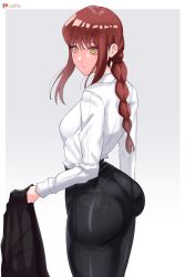 Rule 34 | 1girl, ass, ass focus, braid, breasts, chainsaw man, formal, from behind, highres, huge ass, long hair, looking at viewer, makima (chainsaw man), medium breasts, o22no, orange eyes, pants, pantylines, red hair, shiny clothes, shirt, sideboob, single braid, solo, tight clothes, tight pants