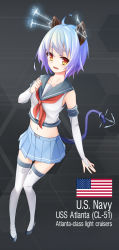 Rule 34 | 1girl, american flag, anchor symbol, animal ears, arnold-s, atlanta (warship girls r), bad id, bad pixiv id, blue hair, blue skirt, blush, brown eyes, cat ears, cat tail, character name, collarbone, highres, looking at viewer, multicolored hair, navel, neckerchief, parted lips, purple hair, red neckerchief, short hair, skirt, smile, solo, tail, thighhighs, two-tone hair, warship girls r, white thighhighs