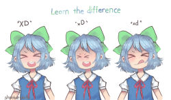 Rule 34 | &gt; &lt;, 1girl, :d, :q, bad id, bad tumblr id, blue hair, blue vest, blush, bow, cirno, closed eyes, emoticon, english text, expressions, facing viewer, green bow, hair bow, multiple views, neck ribbon, open mouth, red ribbon, ribbon, round teeth, shirt, shoobiewaifu, short hair, short sleeves, signature, simple background, smile, teeth, tongue, tongue out, touhou, upper body, vest, white background, white shirt, xd