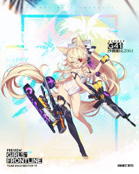 Rule 34 | 1girl, alternate hairstyle, animal ears, arm strap, assault rifle, black thighhighs, blonde hair, blush, bow, braid, breasts, can, character name, collarbone, copyright name, covered navel, crossed bangs, fang, floating hair, full body, g41 (beach punk 2064) (girls&#039; frontline), g41 (girls&#039; frontline), girls&#039; frontline, gloves, gun, h&amp;k g41, hair between eyes, hair bow, hair ornament, hair ribbon, heterochromia, holding, holding can, holding gun, holding weapon, leg up, logo, long hair, looking at viewer, low twintails, name tag, ns (ntrsis), official alternate costume, official art, one-piece swimsuit, one eye closed, open mouth, purple ribbon, red eyes, ribbon, rifle, school swimsuit, see-through, side braid, sidelocks, single thighhigh, small breasts, smile, solo, swimsuit, thigh strap, thighhighs, thighs, toeless legwear, trigger discipline, twintails, very long hair, water gun, weapon, wet, wet clothes, wet swimsuit, white one-piece swimsuit, white ribbon