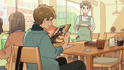 Rule 34 | apron, black pants, blue jacket, blush, brown eyes, brown hair, cafe, chair, city, closed mouth, commentary request, cup, day, drinking glass, employee uniform, food, green apron, highres, holding, holding menu, holding plate, indoors, jacket, kojiro337, long hair, looking at another, menu, multiple boys, multiple girls, napkin, on chair, original, pants, plate, reading, restaurant, shirt, short hair, sitting, smile, standing, striped clothes, striped shirt, sweets, table, uniform, waiter, window