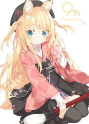 Rule 34 | 1girl, animal ear fluff, animal ears, anniversary, beret, black bow, black hat, black skirt, black thighhighs, blonde hair, blush, bow, cherry blossom print, closed mouth, commentary request, floral print, fox ears, fox shadow puppet, frilled sleeves, frills, hand up, hat, highres, holding, holding paintbrush, japanese clothes, kani biimu, kimono, long hair, long sleeves, original, oversized object, paintbrush, pink kimono, pleated skirt, shimotsuki potofu, shirt, simple background, skirt, smile, solo, thighhighs, two side up, very long hair, white background, white shirt, wide sleeves