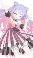Rule 34 | 1girl, absurdres, bare shoulders, black bow, blue hair, blunt bangs, bow, closed eyes, closed mouth, detached sleeves, dress, hair ornament, highres, idol clothes, long hair, multicolored hair, original, pink bow, pink dress, pink hair, puffy shorts, shorts, solo, striped clothes, striped dress, tongue, tongue out, urotsuki (2013.04), virtual youtuber