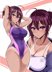 Rule 34 | 1girl, :&gt;, :o, ahoge, armpits, arms up, bare shoulders, blush, bokutachi wa benkyou ga dekinai, bolobolo, breasts, cleavage, closed mouth, commentary request, competition swimsuit, covered navel, cowboy shot, groin, hair between eyes, hands in hair, highleg, highleg swimsuit, highres, large breasts, looking at viewer, multicolored hair, multiple views, off shoulder, one-piece swimsuit, one-piece tan, parted lips, pink hair, purple eyes, purple hair, purple one-piece swimsuit, short hair, short ponytail, smile, sports bra, streaked hair, swimsuit, takemoto uruka, tan, tanline, thighs, two-tone background, two-tone hair, upper body