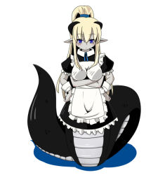 Rule 34 | 1girl, apron, blonde hair, blue eyes, breasts, colored skin, extra arms, frills, grey skin, lamia, monster girl, pointy ears