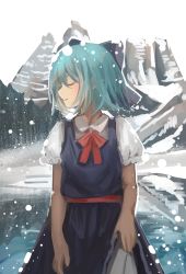 Rule 34 | 1girl, absurdres, blue bow, blue dress, blue hair, bow, cirno, closed mouth, collared shirt, dress, closed eyes, fairy, hair bow, highres, ice, ice wings, shirt, short hair, short sleeves, sly930105, smile, solo, touhou, upper body, white shirt, wings