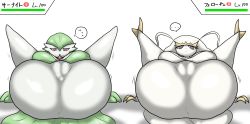 Rule 34 | ..., 2girls, :o, absurdres, breasts, cleft of venus, creatures (company), embarrassed, enigi09, expressionless, female focus, furry, furry female, game freak, gardevoir, gen 3 pokemon, gen 7 pokemon, health bar, highres, huge breasts, japanese text, legs up, looking at viewer, lying, multiple girls, nintendo, pheromosa, pokemon, simple background, solo, speech bubble, ultra beast, white background