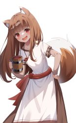 Rule 34 | 1girl, :d, absurdres, animal ears, apron, blush, brown hair, brown skirt, cup, drink, hand on own hip, highres, holding, holding cup, holo, leaning forward, long hair, looking at viewer, mushi (1756559585), open mouth, red eyes, shirt, short sleeves, simple background, skirt, smile, solo, spice and wolf, tail, tankard, transparent background, very long hair, waist apron, white apron, white background, white shirt, wolf ears, wolf girl, wolf tail