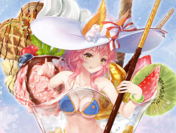 Rule 34 | 10s, 1girl, :q, animal ears, bikini, blue bikini, breast press, breasts, cleavage, ears through headwear, fate/extra, fate/grand order, fate (series), food, fox ears, fox tail, fruit, hat, ice, ice cream, kiwi (fruit), kiwi slice, long hair, looking at viewer, medium breasts, mini person, minigirl, navel, paint musume, parfait, pink hair, pocky, solo, stomach, strawberry, sun hat, sundae, swimsuit, tail, tamamo (fate), tamamo no mae (fate/extra), tamamo no mae (swimsuit lancer) (fate), tamamo no mae (swimsuit lancer) (third ascension) (fate), tongue, tongue out, upper body, wafer stick, white hat, yellow eyes