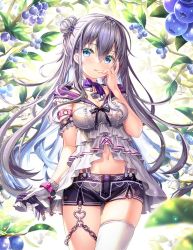 Rule 34 | 1girl, armlet, asymmetrical gloves, beads, black shorts, blue eyes, blush, branch, breasts, chain, chemise, cleavage, cowboy shot, day, detached collar, finger to mouth, food, food-themed hair ornament, frills, fruit, fujima takuya, gloves, unworn gloves, grey hair, hair bun, hair ornament, hand up, heart o-ring, holding, holding clothes, holding gloves, hood, hood down, jewelry, long hair, looking at viewer, mismatched gloves, nature, navel, o-ring, original, pendant, purple ribbon, ribbon, shorts, side bun, single glove, single side bun, single thighhigh, skindentation, solo, suspender shorts, suspenders, thighhighs, very long hair, white gloves, white thighhighs, wrist cuffs
