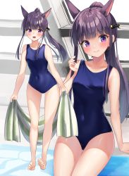 Rule 34 | 1girl, :d, animal ear fluff, animal ears, bare arms, bare legs, bare shoulders, barefoot, blue one-piece swimsuit, blush, breasts, closed mouth, collarbone, commentary request, covered navel, highres, holding, holding towel, k mugura, kasumi (princess connect!), long hair, multiple views, one-piece swimsuit, open mouth, ponytail, poolside, princess connect!, princess connect!, purple eyes, purple hair, school swimsuit, sitting, small breasts, smile, soles, standing, swimsuit, towel, very long hair