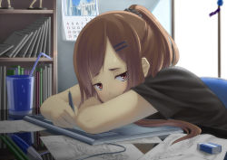 Rule 34 | 1girl, bad id, bad pixiv id, bookshelf, brown eyes, brown hair, calendar, calendar (object), cup, drawing, drawing tablet, drinking straw, eraser, from side, hair ornament, hairclip, indoors, izumi sai, long hair, looking at viewer, original, short sleeves, solo, stylus