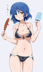 Rule 34 | 1girl, :o, absurdres, bare arms, bikini, black bikini, blue hair, blunt ends, blush, bocchi the rock!, breasts, cleavage, collarbone, commentary request, corn dog, cowboy shot, eggman (pixiv28975023), food, frilled bikini, frills, grey background, highres, holding, holding food, long hair, medium breasts, mole, mole under eye, navel, open mouth, popsicle, short hair, simple background, solo, standing, swimsuit, translation request, yamada ryo, yellow eyes