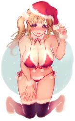Rule 34 | 1girl, bad id, bad pixiv id, bang dream!, bikini, blonde hair, blush, breasts, brown eyes, choker, christmas, cleavage, commentary, front-tie bikini top, front-tie top, full body, fur-trimmed bikini, fur-trimmed legwear, fur-trimmed panties, fur trim, hair ornament, hand on own thigh, hat, ichigaya arisa, kneeling, large breasts, leaning forward, long hair, looking at viewer, navel, neck ribbon, open mouth, panties, pom pom (clothes), red bikini, ribbon, santa bikini, santa hat, side-tie bikini bottom, sidelocks, solo, starme, stomach, swept bangs, swimsuit, symbol-only commentary, twintails, wristband, x hair ornament