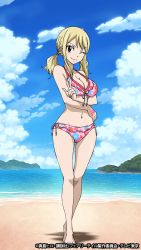 Rule 34 | 1girl, ;), barefoot, beach, bikini, blonde hair, blue sky, breasts, brown eyes, cleavage, closed mouth, cloud, collarbone, crossed arms, day, earrings, fairy tail, floral print, front-tie bikini top, front-tie top, full body, groin, japanese text, jewelry, large breasts, long hair, looking at viewer, lucy heartfilia, navel, ocean, official art, one eye closed, outdoors, pink bikini, print bikini, shiny skin, side-tie bikini bottom, sidelocks, sky, smile, solo, standing, swimsuit, tattoo, thigh gap, twintails, w