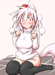 Rule 34 | 1girl, :&lt;, animal ears, black thighhighs, blush, breasts, hat, inubashiri momiji, large breasts, looking at viewer, panties, pom pom (clothes), red eyes, short hair, signature, silver hair, sitting, solo, tail, taurine 8000mg, thighhighs, tokin hat, touhou, underwear, wolf ears, wolf tail