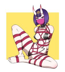 Rule 34 | 1girl, absurdres, arms behind back, bdsm, bondage, bound, bound toes, breasts, commentary, covered erect nipples, crotch rope, english commentary, fate/grand order, fate (series), full body, highres, horns, jam-orbital, mask, medium breasts, mouth mask, navel, purple eyes, purple hair, revealing clothes, shibari, shibari over clothes, shuten douji (fate), skin-covered horns, solo, spread legs