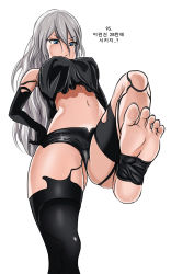 Rule 34 | 1girl, artist request, barefoot, blue eyes, breasts, feet, female focus, foot focus, from below, hand on own hip, highres, large breasts, leg up, long hair, nier (series), nier:automata, no shoes, pov, silver hair, soles, solo, standing, toes, translated, a2 (nier:automata)