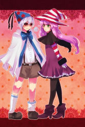 Rule 34 | 2boys, black sclera, colored sclera, doopliss, dress, frills, gothic lolita, hat, highres, lgw7, lolita fashion, male focus, mario (series), multiple boys, nintendo, pantyhose, paper mario, paper mario: the thousand year door, party hat, personification, pink hair, super mario rpg, trap, vivian (paper mario), white hair, witch hat