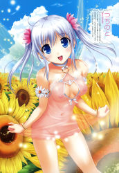 Rule 34 | 1girl, :d, absurdres, bare shoulders, blue eyes, blue hair, bracelet, breasts, choker, cleavage, cleavage cutout, clothes lift, clothing cutout, cloud, day, dress, fairy, fairy wings, female focus, flower, hair flower, hair ornament, heart, highres, image sample, jewelry, matching hair/eyes, medium breasts, navel, nipples, no bra, no panties, open mouth, see-through, skirt, skirt lift, sky, smile, solo, sunflower, tsuchinoto, wings