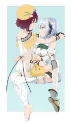 Rule 34 | 2girls, arm ribbon, atelier (series), atelier sophie, bad id, bad pixiv id, bare shoulders, breasts, brown eyes, brown hair, female focus, green eyes, hair ornament, hat, highres, jewelry, maromi (am97), medium breasts, microskirt, multiple girls, necklace, plachta, ribbon, silver hair, sitting, sitting on lap, sitting on person, skirt, smile, sophie neuenmuller, strapless, symbol-shaped pupils, thighhighs, thighs, white legwear, wrist cuffs, yuri