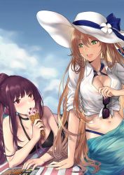 Rule 34 | 2girls, 3:, :d, arm rest, arm support, bare arms, bare shoulders, beach, bikini, black bikini, black choker, blonde hair, blue bikini, blue sarong, blunt bangs, blush, breasts, choker, cleavage, cloud, collared shirt, core (girls&#039; frontline), day, eating, eye contact, eyewear on shirt, female focus, food, girls&#039; frontline, green eyes, hair between eyes, halterneck, hand up, happy, hat, highres, holding, holding food, ice cream, large breasts, leon v, light brown hair, long hair, looking at another, looking down, looking up, lying, medium breasts, midriff, multiple girls, navel, neck, o-ring, o-ring bikini, o-ring swimsuit, o-ring top, official alternate costume, official style, on stomach, open clothes, open mouth, open shirt, outdoors, ponytail, purple hair, red eyes, round teeth, sarong, shirt, sidelocks, sitting, sky, sleeves rolled up, smile, springfield (girls&#039; frontline), springfield (stirring mermaid) (girls&#039; frontline), sun hat, sunglasses, swimsuit, tablet pc, teeth, tied shirt, upper teeth only, very long hair, wa2000 (girls&#039; frontline), wa2000 (op. manta ray) (girls&#039; frontline), white headwear, white shirt