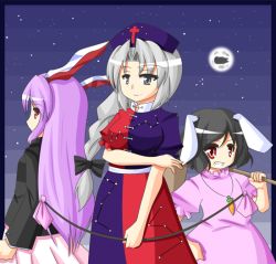 Rule 34 | 3girls, animal ears, bow (weapon), carrot necklace, female focus, full moon, hat, holding, holding weapon, inaba tewi, long hair, moon, multiple girls, necklace, neet, nurse cap, purple hair, rabbit ears, red eyes, reisen udongein inaba, silver hair, touhou, urushi, very long hair, weapon, yagokoro eirin