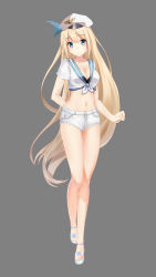 Rule 34 | 1girl, absurdres, arm behind back, black bra, blonde hair, blue eyes, bra, breasts, cleavage, closed mouth, collarbone, denim, denim shorts, feathers, full body, hair ornament, hat, head tilt, highres, large breasts, lexington (warship girls r), long hair, looking at viewer, navel, sailor collar, sandals, short shorts, short sleeves, shorts, simple background, smile, solo, standing, thighhighs, underwear, very long hair, warship girls r, yesheng yaomeng