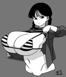 Rule 34 | 1girl, addams family, alternate breast size, bikini, bikini under clothes, black hair, braid, breasts, cleavage, elbow gloves, expressionless, gloves, goth fashion, highres, huge breasts, long hair, micro bikini, monochrome, multiple views, navel, open clothes, shiny skin, suna ponz, swimsuit, twin braids, very long hair, wednesday (netflix), wednesday addams, wide hips