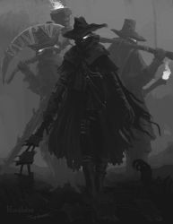 Rule 34 | 3boys, bloodborne, cape, cloak, coat, death, english text, fire, gloves, glowing, glowing eyes, greyscale, hat, hat over one eye, highres, holding, holding scythe, holding sword, holding torch, holding weapon, hunter (bloodborne), hunting, monochrome, multiple boys, outdoors, over shoulder, scythe, shaded face, signature, standing, sword, torch, torn cape, torn cloak, torn clothes, tripdancer, walking, weapon, weapon over shoulder