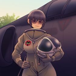 Rule 34 | 1girl, absurdres, aircraft, airplane, black hair, blue sky, brown eyes, closed mouth, fighter jet, glasses, hair between eyes, hat, helmet, highres, jet, looking at viewer, military, military hat, military uniform, military vehicle, mole, mole under mouth, original, outdoors, short hair, sky, solo, uniform, willy pete