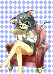 Rule 34 | 1girl, animal ears, armchair, bare legs, barefoot, bespectacled, capelet, chair, crossed legs, feet, female focus, glasses, grey hair, hair ornament, hairclip, highres, jewelry, legs, mepikari, mouse (animal), mouse ears, mouse tail, nazrin, pendant, red eyes, short hair, sitting, solo, star (symbol), tail, touhou
