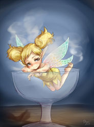 Rule 34 | 1girl, bare shoulders, barefoot, black eyes, blonde hair, blush, cup, dragon&#039;s crown, dress, drinking glass, drunk, fairy, glass, in container, long hair, mini person, minigirl, pointy ears, shirotake jinan, smile, solo, steam, strapless, strapless dress, tiki (dragon&#039;s crown), twintails, wings