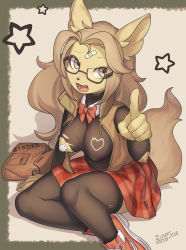 Rule 34 | 1girl, :3, absurdres, animal ears, animal nose, artist name, bag, bandaid, bandaid on face, black-framed eyewear, black shirt, black thighhighs, body fur, border, bow, bowtie, breasts, brown eyes, brown hair, brown vest, covered erect nipples, cross-laced footwear, cross pasties, dated, drawstring, english text, fang, female focus, forehead, fox ears, fox girl, fox tail, furry, furry female, glasses, green border, hand up, heart, high collar, highres, index finger raised, long hair, long sleeves, looking at viewer, matching hair/eyes, medium breasts, miniskirt, no bra, open clothes, open mouth, open vest, original, outside border, pasties, plaid, plaid skirt, pointing, pointing at viewer, red bow, red bowtie, red footwear, red skirt, semi-rimless eyewear, shirt, shoes, sidelocks, signature, simple background, sitting, skin tight, skindentation, skirt, sneakers, solo, star (symbol), tail, tape, tape on nipples, teeth, thighhighs, torn clothes, torn shirt, turtleneck, turtleneck shirt, vest, white background, yellow fur, zinfyu