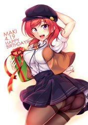 Rule 34 | 10s, 1girl, arm behind head, ass, birthday, blush, box, breasts, cabbie hat, cameltoe, gift, gift box, happy birthday, hat, impossible clothes, impossible shirt, large breasts, looking at viewer, love live!, love live! school idol festival, love live! school idol project, miniskirt, mob cap, nishikino maki, open mouth, panties, panties under pantyhose, pantyhose, pleated skirt, puffy short sleeves, puffy sleeves, purple eyes, red hair, shiny clothes, shirt, short hair, short sleeves, skirt, smile, solo, thighs, tongue, underwear, upskirt, vest, white shirt, windart