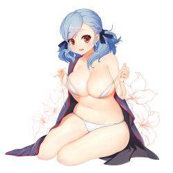 Rule 34 | 1girl, :d, absurdres, bare arms, bare shoulders, bikini, black ribbon, blue hair, blush, braid, breasts, cleavage, collarbone, curvy, dopamine70, floral background, french braid, full body, girls&#039; frontline, hair ribbon, highres, large breasts, long hair, looking at viewer, low twintails, micro bikini, navel, off shoulder, open clothes, open mouth, red eyes, ribbon, shiny skin, sitting, skindentation, smile, solo, spas-12 (girls&#039; frontline), stomach, swept bangs, swimsuit, thighs, twintails, untied bikini, white background, white bikini, yokozuwari