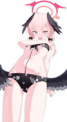 Rule 34 | 1girl, absurdres, bikini, black bikini, black wings, blue archive, commentary request, floral print, front-tie bikini top, front-tie top, halo, head wings, highres, koharu (blue archive), koharu (swimsuit) (blue archive), looking at viewer, low wings, navel, official alternate costume, open mouth, pink eyes, pink hair, print bikini, red halo, simple background, solo, standing, swimsuit, thighs, tomu (tom 309k), white background, wings