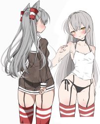 Rule 34 | 1girl, amatsukaze (kancolle), black dress, black panties, blush, camisole, chigasaki yukari, closed mouth, dress, hair between eyes, hair tubes, highres, kantai collection, long hair, long sleeves, multiple views, panties, red thighhighs, sailor dress, silver hair, simple background, thighhighs, two side up, underwear, white background, white camisole, yellow eyes