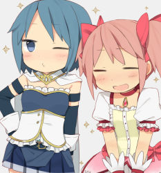 Rule 34 | 10s, 2girls, blue hair, bow, cape, chibi, closed eyes, detached sleeves, frills, gloves, hair bow, hand on own hip, hip focus, kaname madoka, mahou shoujo madoka magica, mahou shoujo madoka magica (anime), miki sayaka, multiple girls, o3o, one eye closed, open mouth, pink hair, ribbon, short hair, skirt, tsuduya (knt31), twintails, white gloves, wink
