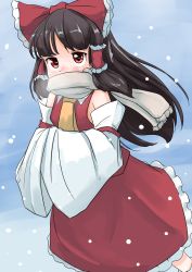 Rule 34 | 1girl, absurdres, bow, brown hair, commentary request, detached sleeves, feet out of frame, hair bow, hair tubes, hakurei reimu, hands in opposite sleeves, highres, long hair, long sleeves, one-hour drawing challenge, outdoors, red bow, red eyes, red shirt, red skirt, scarf, scottie0521, shirt, skirt, snow, snowing, solo, touhou, wide sleeves, yellow neckwear