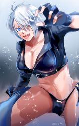 Rule 34 | angel (kof), blue eyes, blurry, bra, breasts, chaps, cropped jacket, depth of field, fingerless gloves, gloves, hair over one eye, highres, jacket, large breasts, leather, leather jacket, open mouth, shinobi life1, snk, strapless, strapless bra, the king of fighters, the king of fighters xiv, the king of fighters xv, toned, tongue, tongue out, underwear