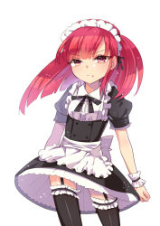 Rule 34 | 1girl, bad id, bad pixiv id, blush, center frills, female focus, frills, garter straps, looking at viewer, magi the labyrinth of magic, maid, maid headdress, morgiana, mvv, red eyes, red hair, solo, standing, thighhighs