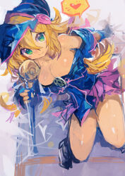 Rule 34 | 1girl, absurdres, arm support, blonde hair, blue dress, blue hat, breasts, cleavage, dark magician girl, dress, duel monster, from above, green eyes, hair between eyes, hat, heart, highres, holding, holding staff, kaamin (mariarose753), long hair, looking at viewer, medium breasts, off-shoulder dress, off shoulder, short dress, sitting, smile, solo, spoken heart, staff, thighs, yu-gi-oh!