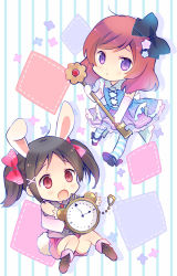 Rule 34 | 10s, 2girls, :&lt;, :o, animal ears, bad id, bad pixiv id, black hair, boots, bow, chibi, clock, dress, elbow gloves, flower, frilled dress, frills, gloves, hair bow, hair flower, hair ornament, hairclip, key, looking at viewer, love live!, love live! school idol project, multiple girls, nishikino maki, ousaka nozomi, pantyhose, purple eyes, rabbit ears, rabbit tail, red eyes, red hair, shoes, short twintails, striped background, striped clothes, striped legwear, striped pantyhose, swept bangs, tail, twintails, vertical stripes, yazawa nico