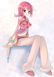 Rule 34 | 1girl, annie barrs, annie barrs (cosplay), bad id, bad pixiv id, bell-bottoms, bracelet, brown eyes, cheria barnes, cosplay, flipped hair, jewelry, midriff, navel, pants, pink hair, sitting, solo, tales of (series), tales of graces, tales of rebirth, teu (navy), white background