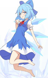 Rule 34 | 1girl, barefoot, blue bow, blue dress, blue eyes, blue hair, blush, bow, cirno, closed mouth, collared shirt, detached wings, dress, e.o., fairy, hair between eyes, hair bow, highres, ice, ice wings, shirt, short hair, short sleeves, simple background, smile, solo, tongue, tongue out, touhou, white background, white shirt, wings