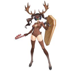 Rule 34 | 1girl, animal costume, animal feet, antlers, artist request, bell, breasts, brown fur, brown hair, brown leotard, brown sleeves, brown thighhighs, candy, candy cane, chest tuft, christmas, cleavage, cleavage cutout, clothing cutout, cosplay, cross-laced clothes, cross-laced legwear, deer tail, facing viewer, food, full body, girls&#039; frontline, guard (girls&#039; frontline), head-mounted display, holding, holding candy, holding candy cane, holding food, holding shield, hooves, horns, ice cream, ice cream sandwich, large breasts, leotard, light smile, long hair, multicolored hair, neck bell, official alternate costume, official art, oversized food, oversized object, red hair, red nose, reindeer antlers, reindeer costume, rudolph the red nosed reindeer, rudolph the red nosed reindeer (cosplay), sangvis ferri, shield, skindentation, solo, standing, streaked hair, tail, thighhighs, transparent background, twintails, wavy hair