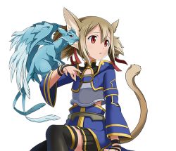 Rule 34 | 1girl, animal ears, arm support, armor, black skirt, breastplate, brown hair, cat ears, cat tail, hair between eyes, hair ribbon, long hair, mini dragon, miniskirt, multiple tails, parted lips, pina (sao), pleated skirt, red eyes, red ribbon, ribbon, short twintails, silica, silica (sao-alo), sitting, skirt, solo, sword art online, tail, thighhighs, transparent background, twintails, two tails, zettai ryouiki