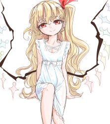 Rule 34 | 1girl, alternate costume, alternate hair length, alternate hairstyle, arm support, arms behind back, blonde hair, closed mouth, commentary request, crystal wings, flandre scarlet, frilled nightgown, hair ribbon, head tilt, long hair, looking at viewer, nightgown, red eyes, red ribbon, ribbon, s-a-murai, see-through, sitting, smile, solo, touhou, wavy hair, white background, white nightgown, wings